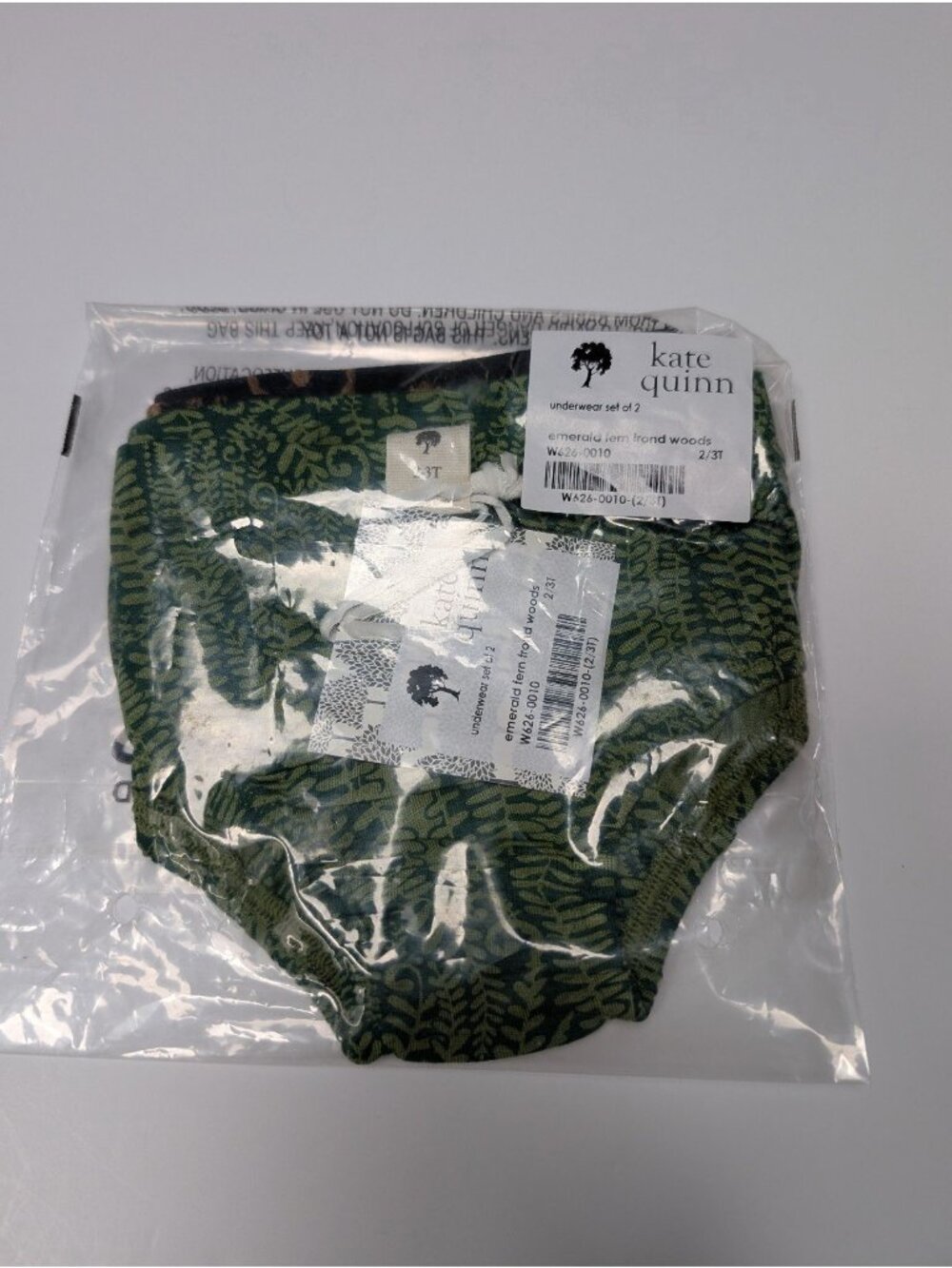 Kate Quinn Set of 2 Underwear Panties 2T/3T Emerald Fern Frond & Beluga Insect